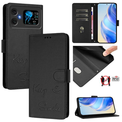 Black RFID leather folio phone case with “Keep Smile” embossing and magnetic flap