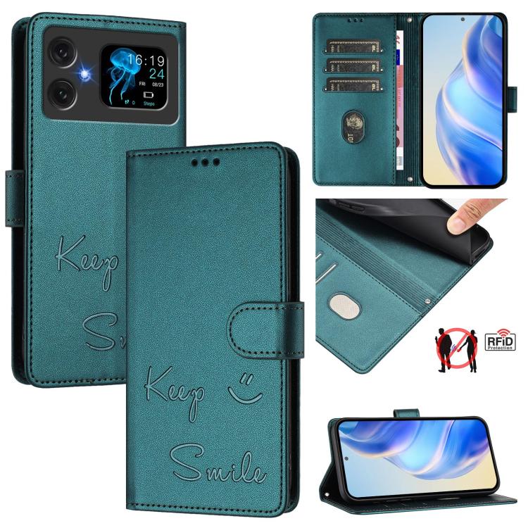 Peacock green RFID leather folio phone case with “Keep Smile” embossing and magnetic flap