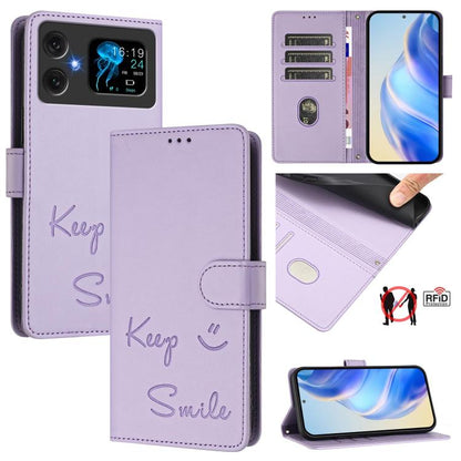 Lilac RFID leather folio phone case with “Keep Smile” embossing and magnetic flap