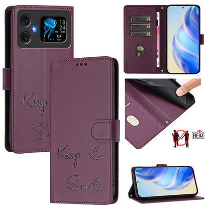 Plum RFID leather folio phone case with “Keep Smile” embossing and magnetic flap