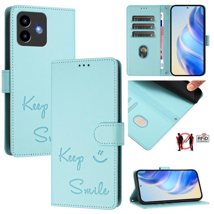 RFID leather wallet phone case in mint blue with “Keep Smile” script and card slots