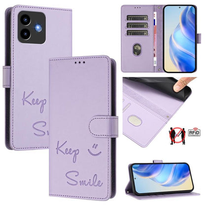 RFID leather wallet phone case in light purple with “Keep Smile” script and card slots