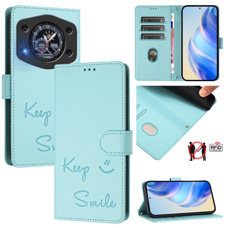 Light blue RFID leather folio phone case with 'Keep Smile' embossed design and card slots