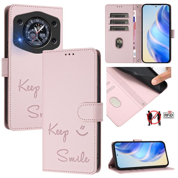 Pale pink RFID leather folio phone case with 'Keep Smile' embossed design and card slots