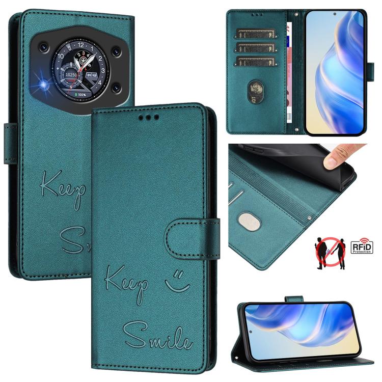Mint green RFID leather folio phone case with “Keep Smile” embossing and magnetic flap