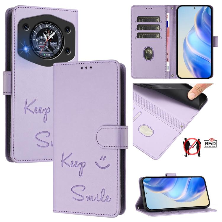 Light purple RFID leather folio phone case with “Keep Smile” embossing and magnetic flap