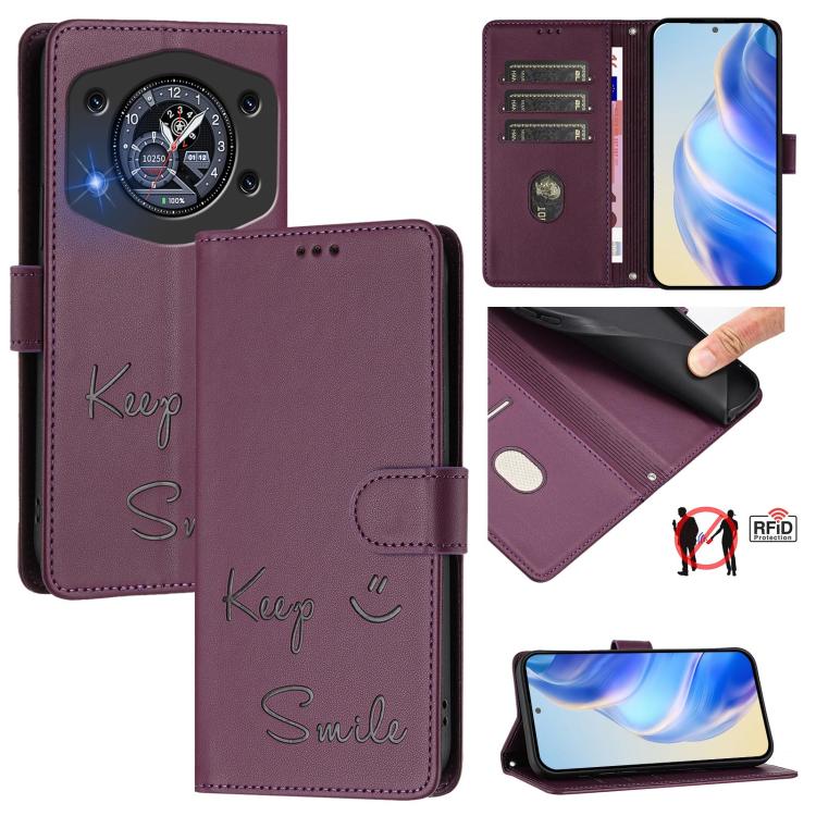 Violet RFID leather folio phone case with “Keep Smile” embossing and magnetic flap