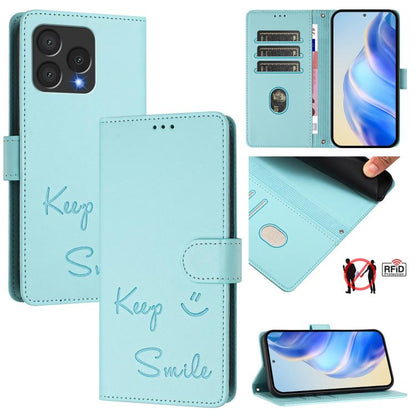 Mint teal leather folio phone case with embossed smile, magnetic strap, RFID card slots.