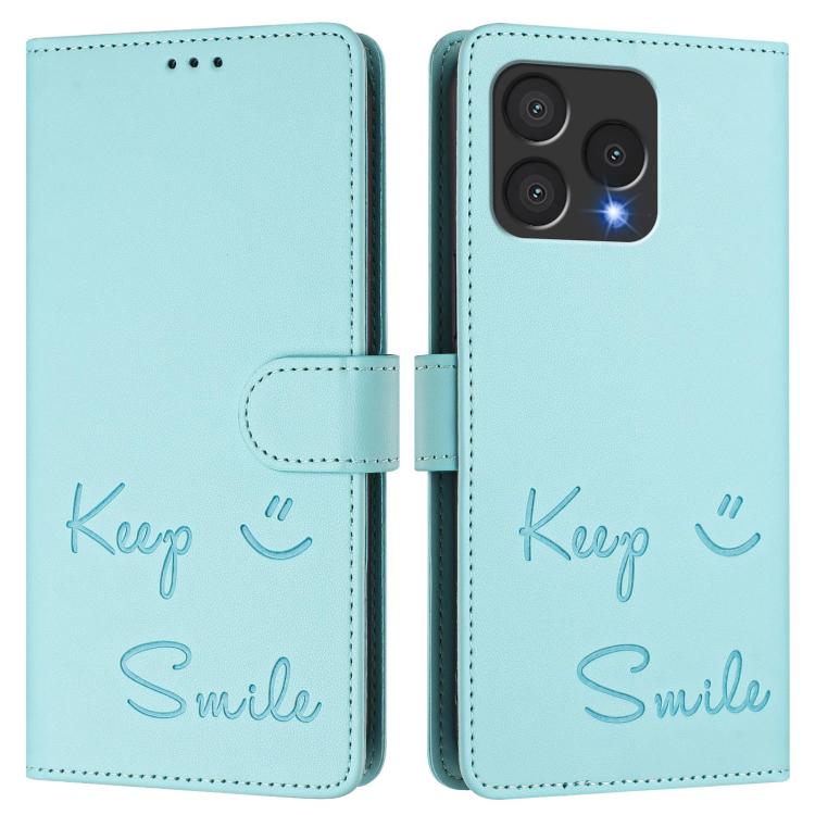 Mint teal leather folio phone case with Keep Smile design and magnetic side strap.