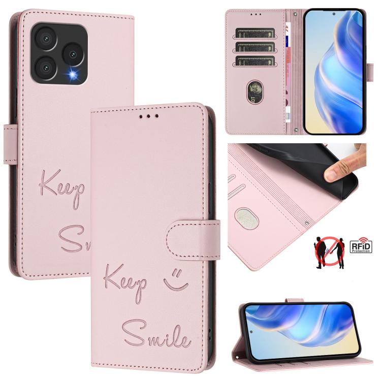 Pink leather folio phone case with Keep Smile design and magnetic side strap, RFID slots.