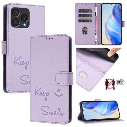 Light purple leather folio phone case with Keep Smile design and magnetic side strap.