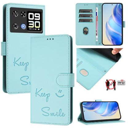 Mint RFID leather folio phone case with 'Keep Smile' embossed design and card slots