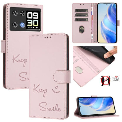 Pink RFID leather folio phone case with 'Keep Smile' embossed design and card slots