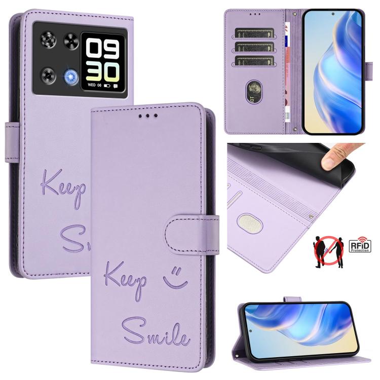 Lavender RFID leather folio phone case with 'Keep Smile' embossed design and card slots
