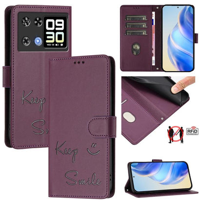 Burgundy RFID leather folio phone case with 'Keep Smile' embossed design and card slots