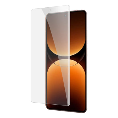 Curved screen protector aligned on a smartphone front for full coverage