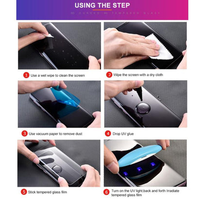 Installation guide showing screen cleaning, wiping, applying glue, curing with UV