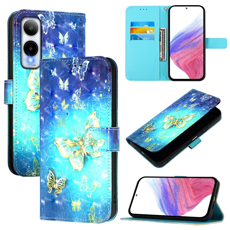 Flip leather phone case with blue butterfly pattern and gold accent highlights