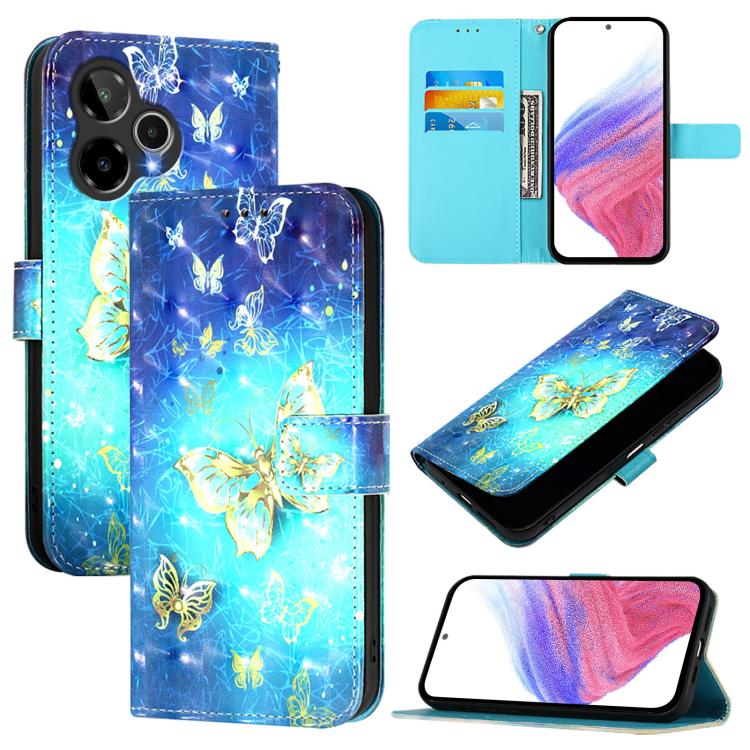 Blue flip phone wallet case with gold butterfly and butterfly-wing pattern, card slots visible