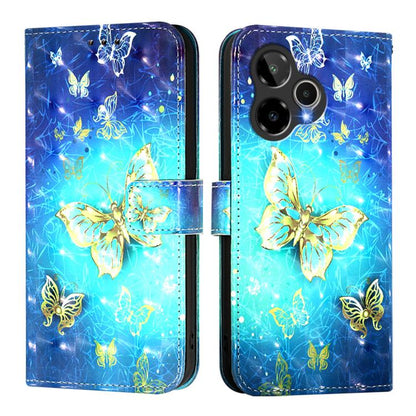 Blue flip leather phone case with golden butterfly print, two-piece view