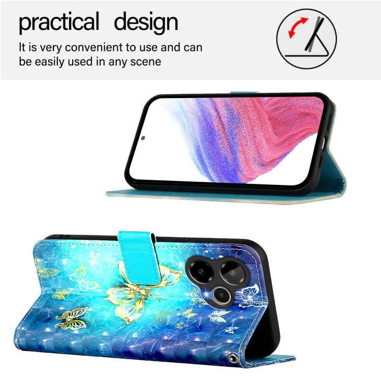 Blue flip phone wallet case with butterfly print, shown in open stand position