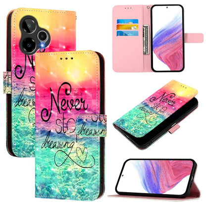 Flip leather phone case with rainbow gradient art and script “Never stop dreaming”