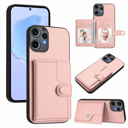 Pink phone wallet case with button card holder and wrist strap, front and back views
