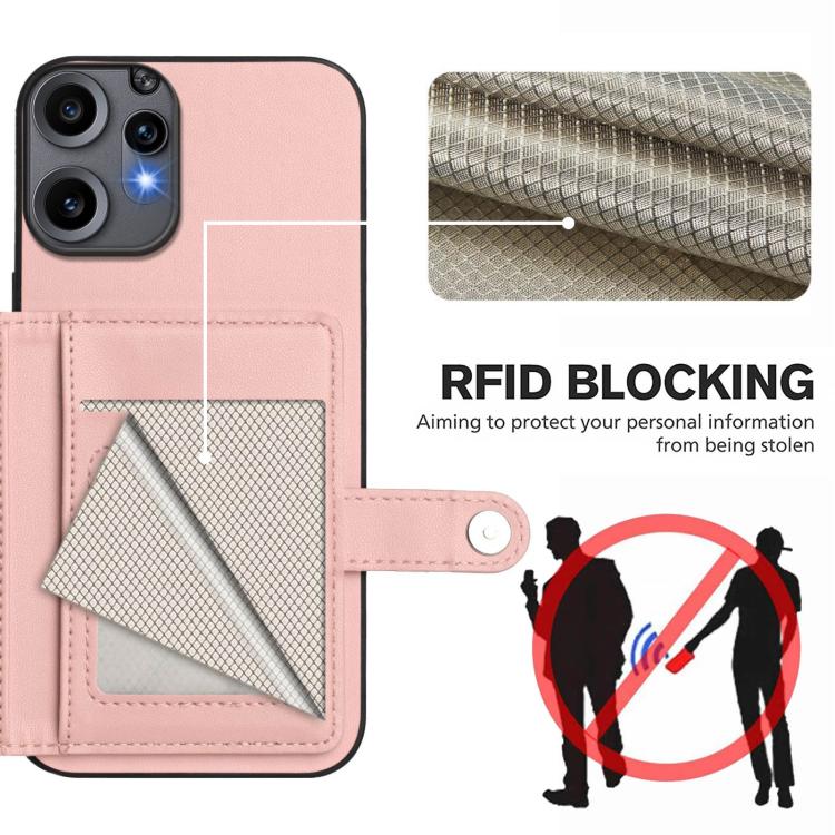 Pink phone wallet case with card slots and snap button strap detail