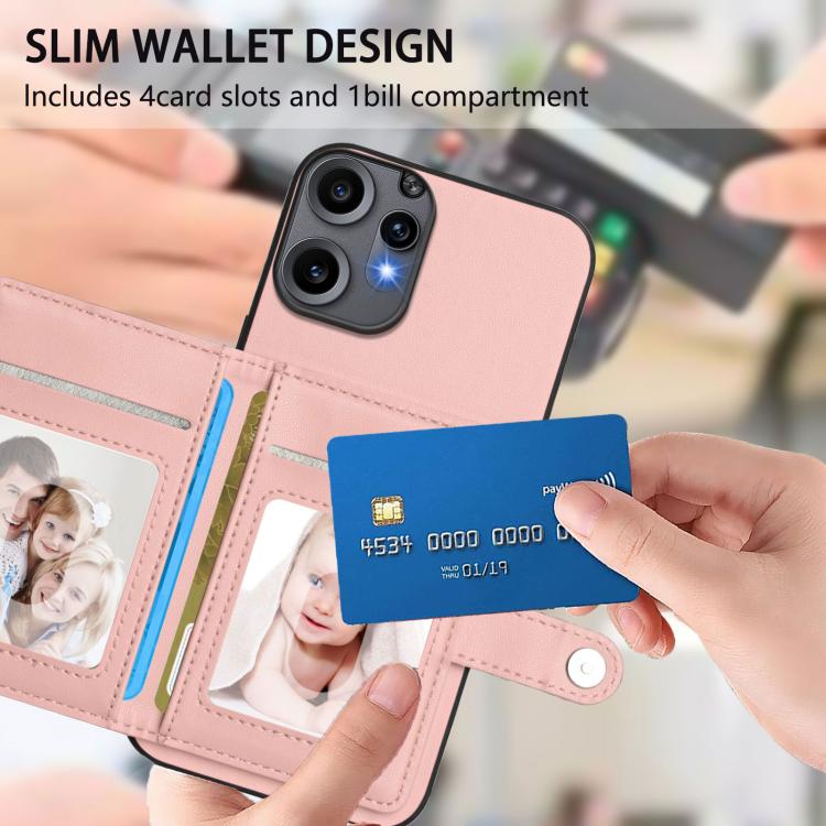Pink wallet phone case with card slots and magnetic button closure