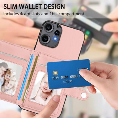 Pink wallet phone case with card slots and magnetic button closure