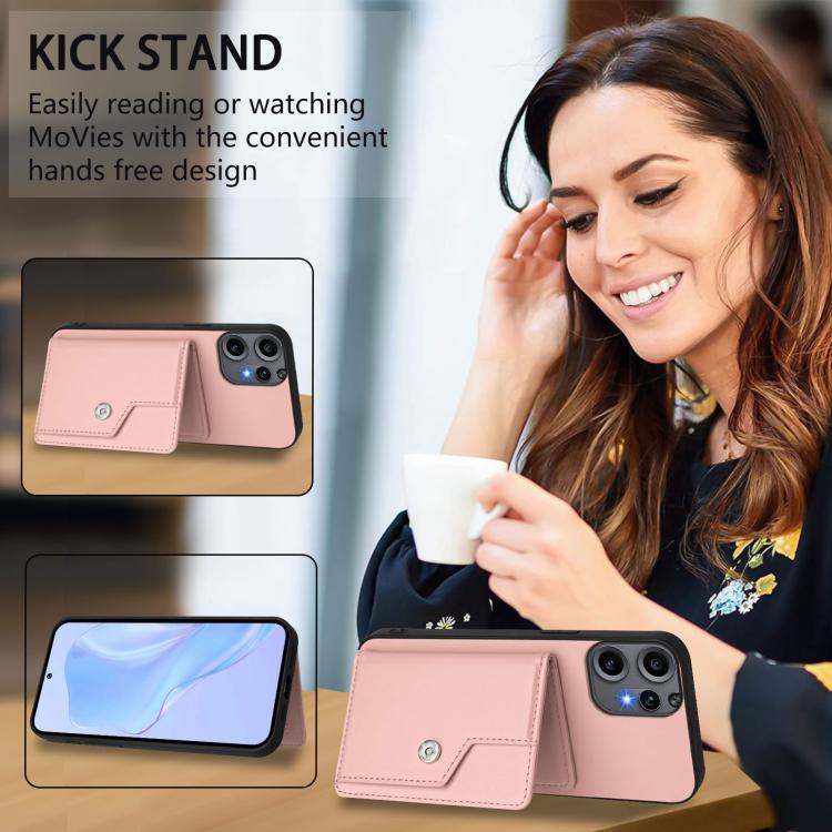 Pink phone wallet case with kickstand and card pocket, wallet-style flap