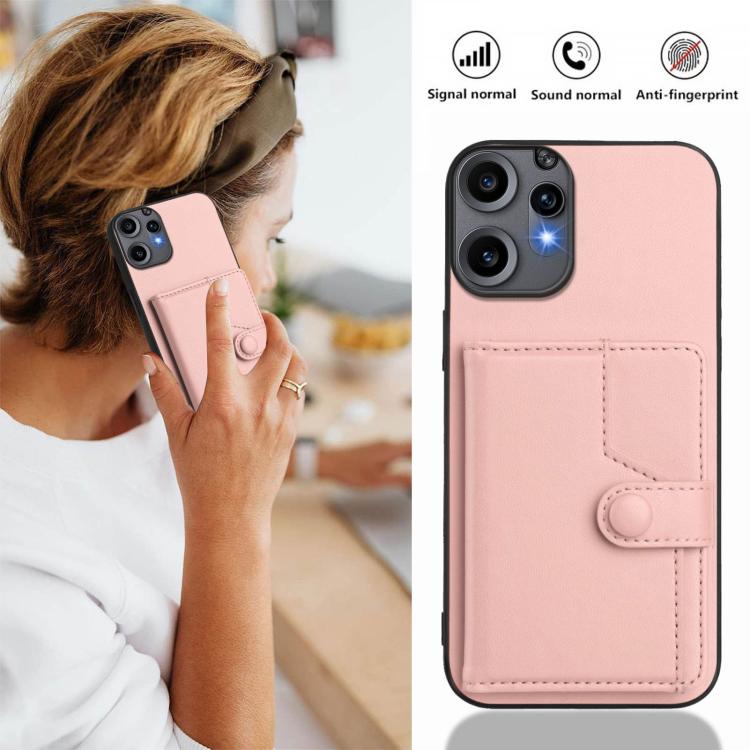Pink phone wallet case with card pocket and magnetic button closure, phone held