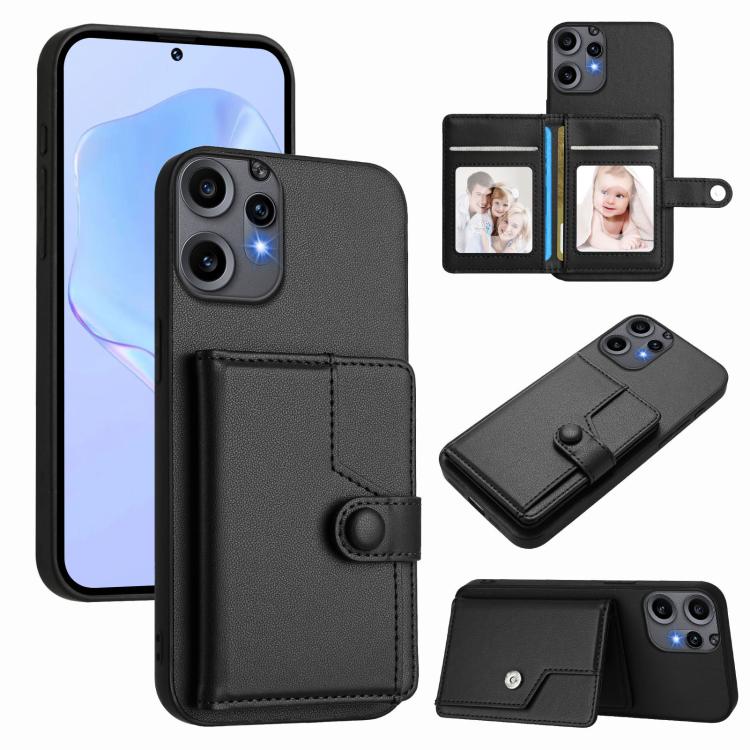 Black phone wallet case with button card holder and wrist strap, front and back views