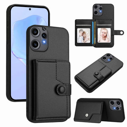 Black phone wallet case with button card holder and wrist strap, front and back views
