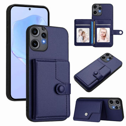 Blue phone wallet case with button card holder and wrist strap, front and back views
