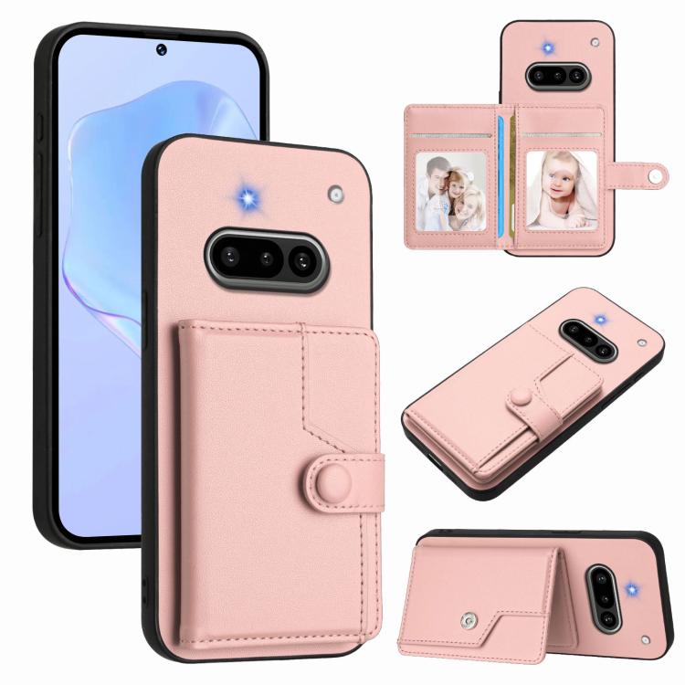 RFID phone card bag case with button strap, light pink leather-look