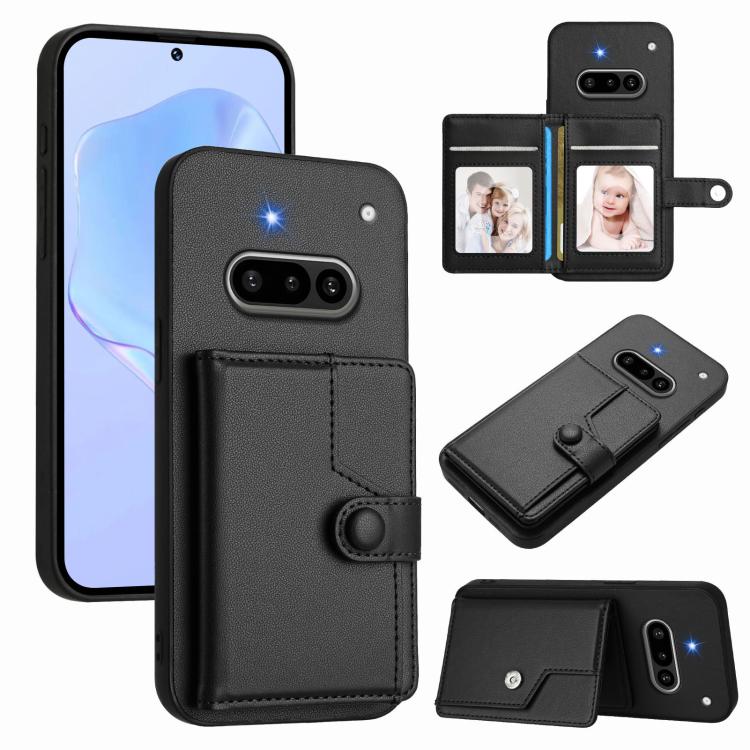 RFID phone card bag case with button strap, black leather-look