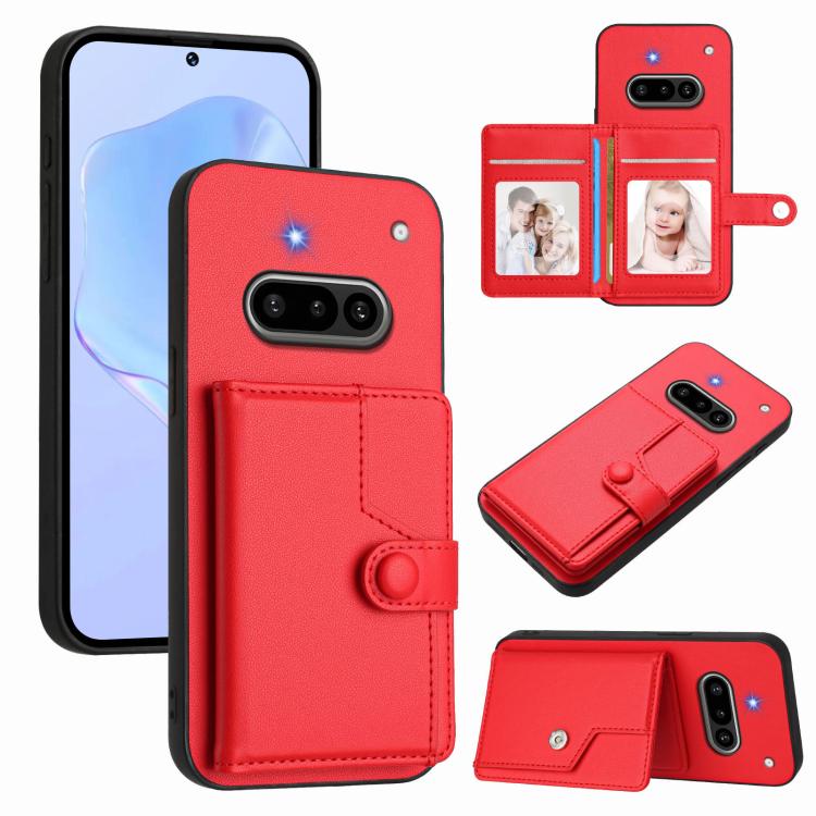RFID phone card bag case with button strap, red leather-look