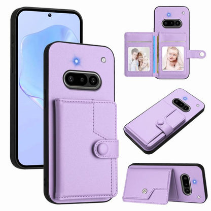 RFID phone card bag case with button strap and card slots, lavender purple leather-look
