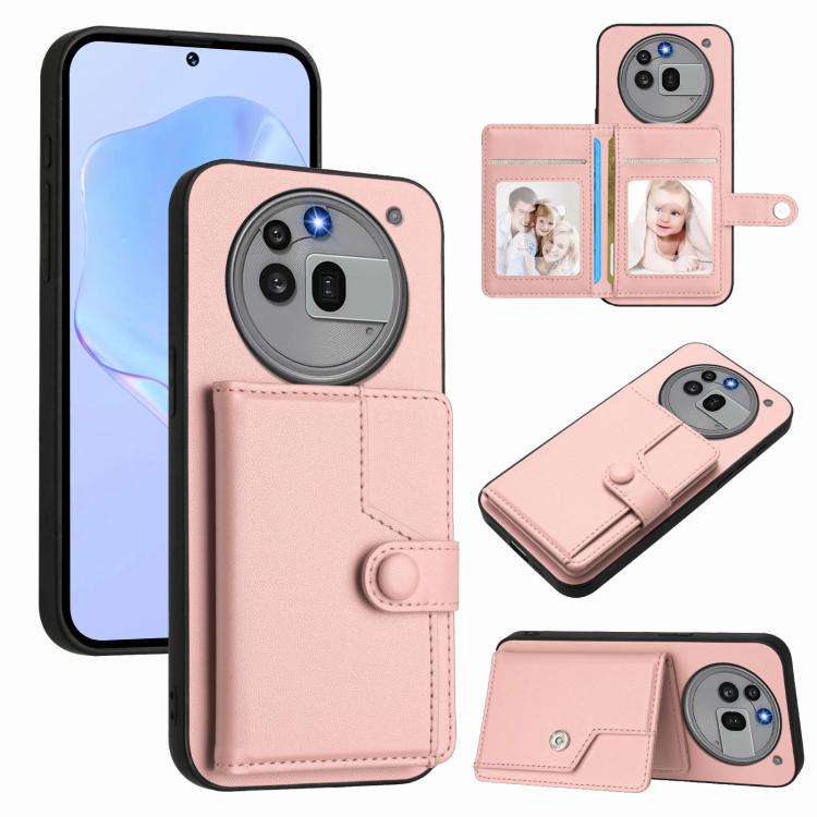 RFID phone card bag case with button strap and card slots, light pink leather-look