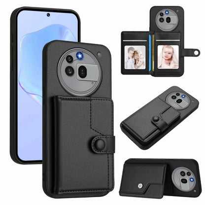 RFID phone card bag case with button strap and card slots, black leather-look
