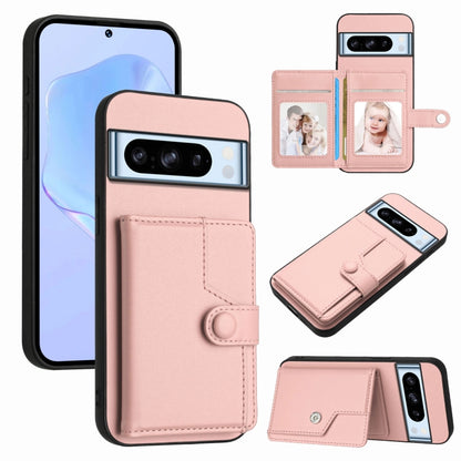 Pink phone card bag case with wallet flap, card slots, and button strap for anti-theft