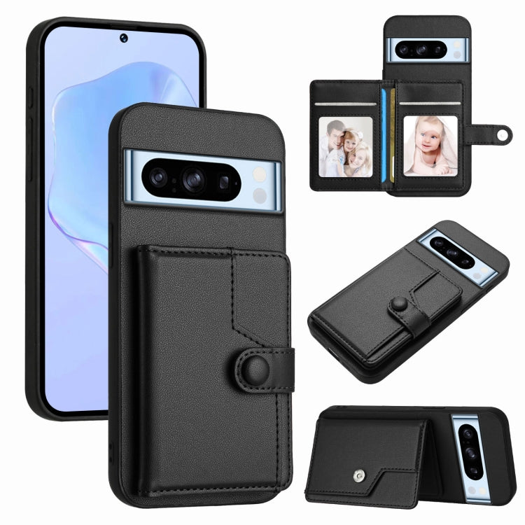 Black phone card bag case with wallet flap, card slots, and button strap for anti-theft