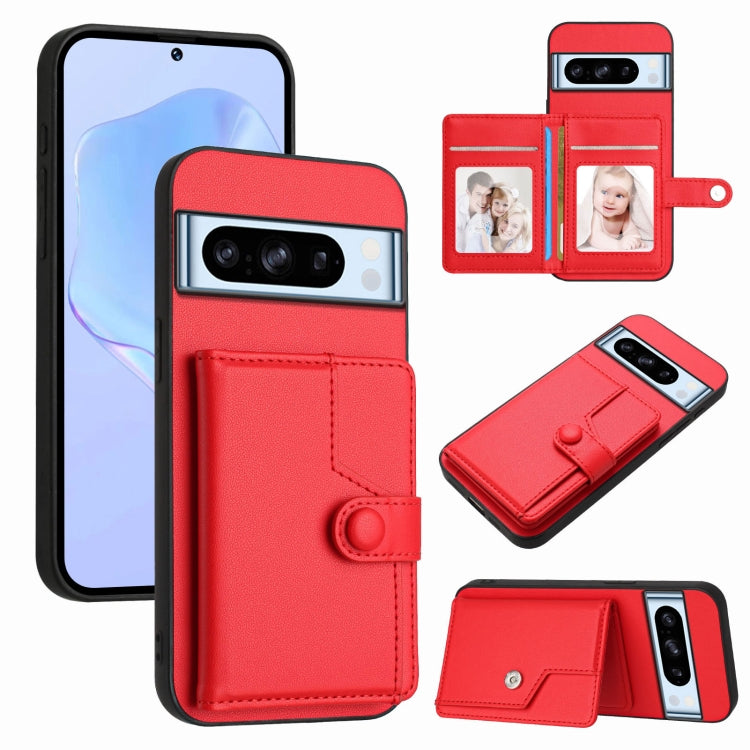 Red phone card bag case with wallet flap, card slots, and button strap for anti-theft