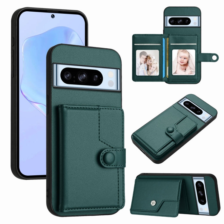 Teal RFID phone case with button strap, card holder, and wallet flip for phone