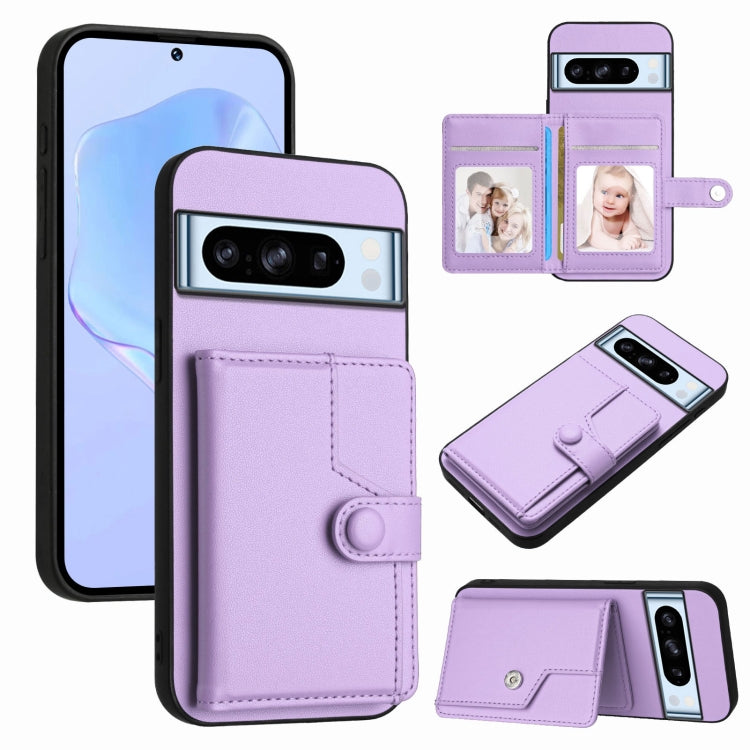Lavender RFID phone case with button strap, card holder, and wallet flip for phone