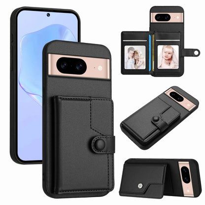 Black phone card bag case with wallet flap, card slots, and button strap for anti-theft