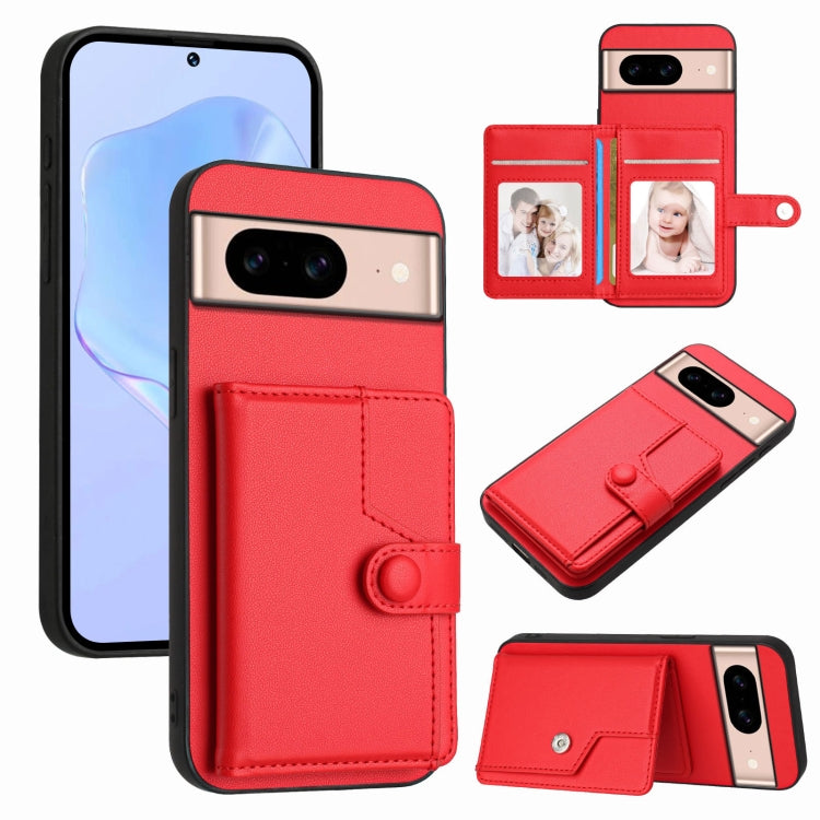 Red phone card bag case with wallet flap, card slots, and button strap for anti-theft