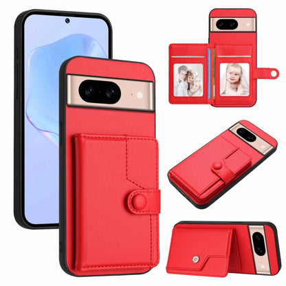 Red phone card bag case with wallet flap, card slots, and button strap for anti-theft