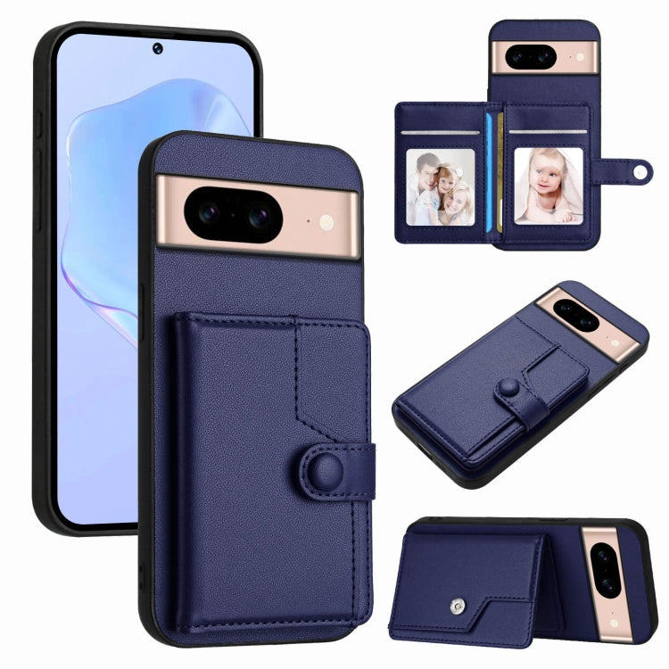Navy phone card bag case with wallet flap, card slots, and button strap for anti-theft